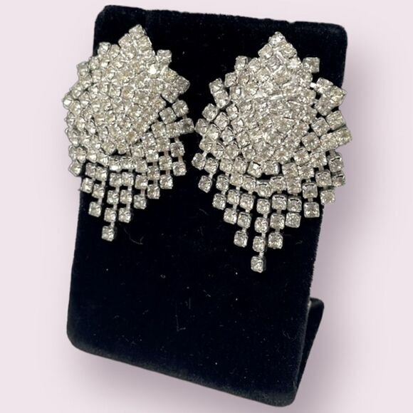 White Rhinestone Fringe Statement Studs Post Earrings - Picture 1 of 7